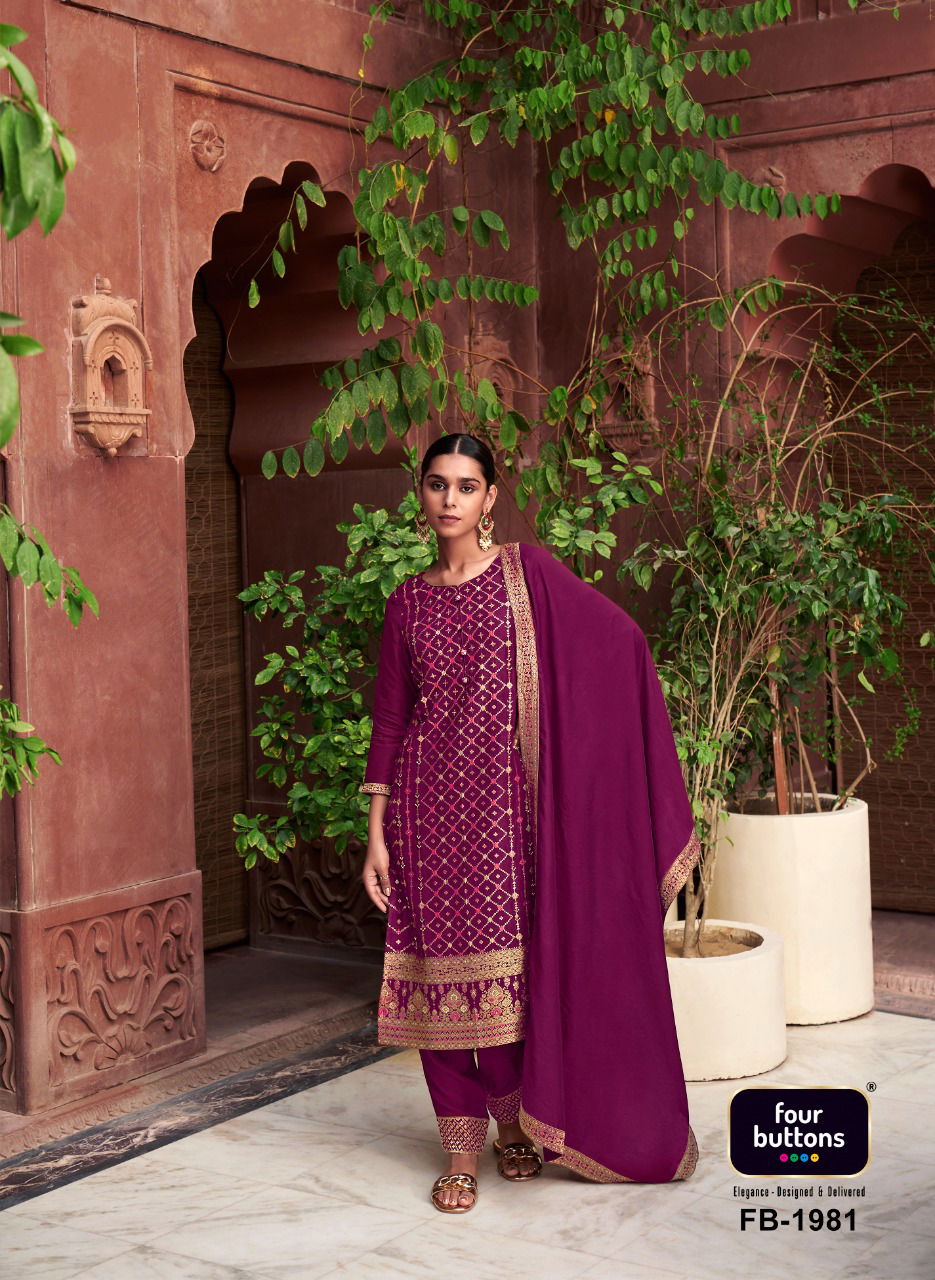 Four Buttons Banaras New Designer Exclusive Wear Ready Made Suit Collection